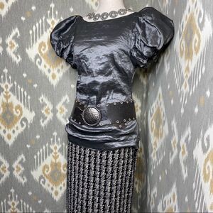 Ralph Lauren Gunmetal Pewter Metallic Pouf Sleeve Stretch Blouse